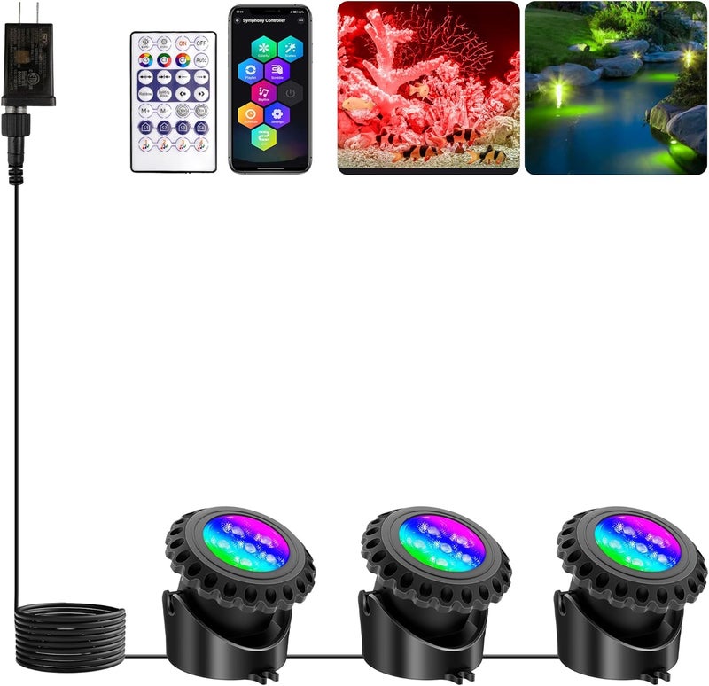 T-SUN Colored Pond Lights with Timer, LED Underwater Submersible Fountain Fish Tank Landscape Lights - Bluetooth APP & Remote Control, IP68 Waterproof (Set of 3) - Image 1